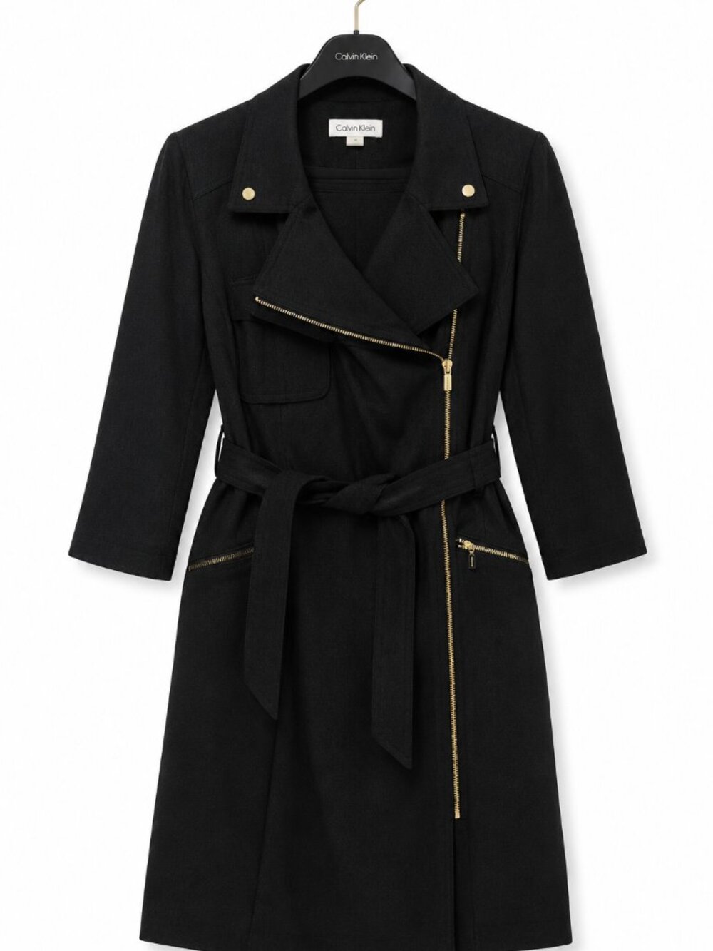 Calvin Klein Women's 14 Black Moto Trench Coat Dress Gold Zip Belted NWT - Picture 2 of 7